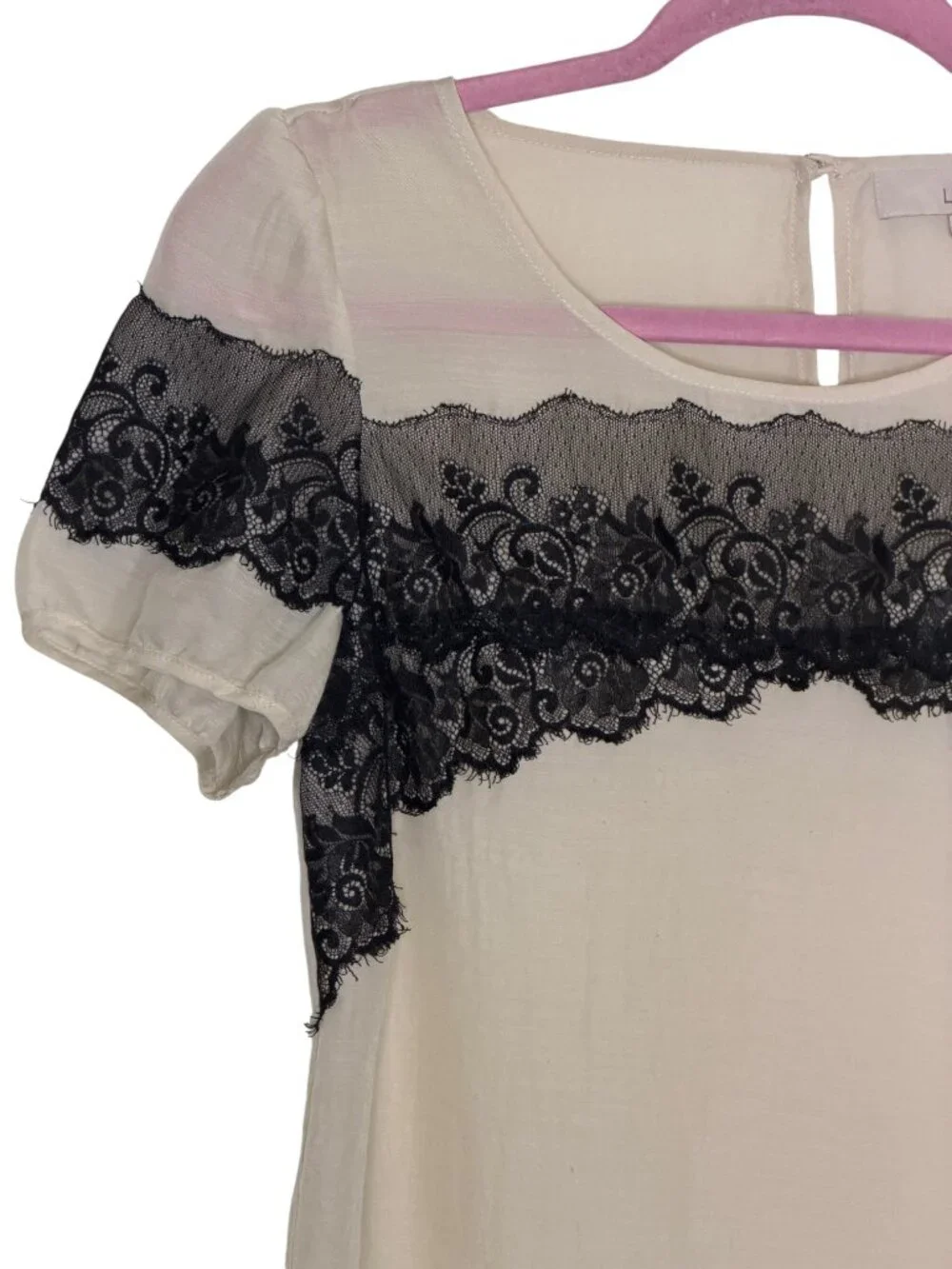 Loft Blouse Top Shirt Lace Embellished Puff Sleeve Natural Black XS
